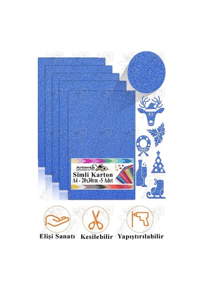 Simli Karton A4 20x30 Cm 5 Li 1 Paket Simli Fon Kartonu Parıltılı Kağıt Anasınıfı Kreş Etkinlik Proje Dekoratif Mavi