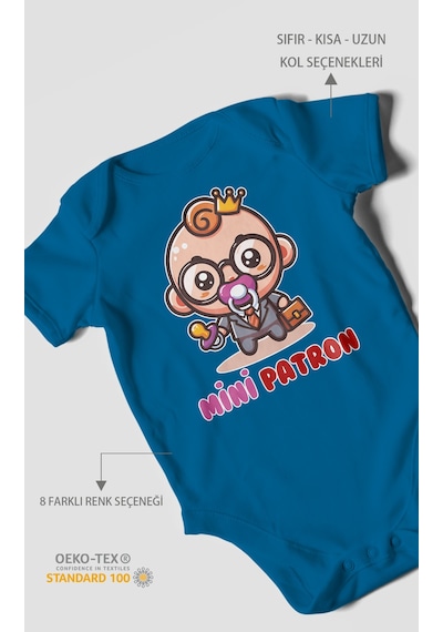 Mini Patron V2 Baskılı Bebek Zıbını Çıtçıtlı Body %100 Pamuk Kısa Kol Koyu Mavi
