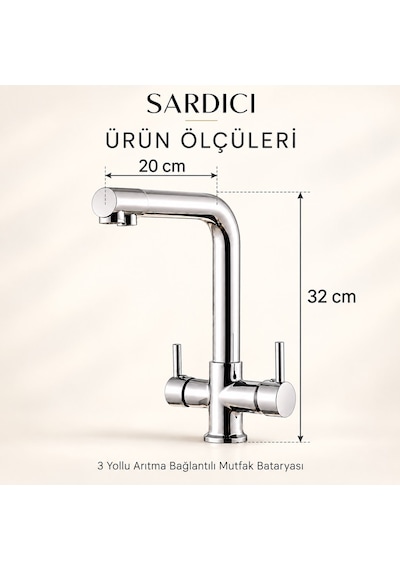 Sardıcı Arıtma Bağlantılı 3 Yollu Çift Kumandalı Mutfak Bataryası Krom