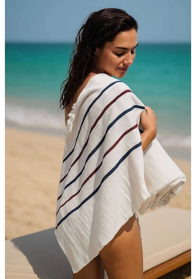 Peştemal Plaj Havlusu %100 Pamuklu 70x150 Cm Beyaz Waves Çok Renkli