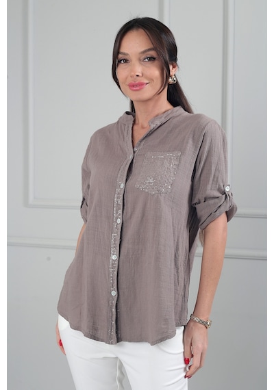 By Saygı Kadın Pul Detaylı Tek Cepli Oversize İthal Keten Gömlek Vizon