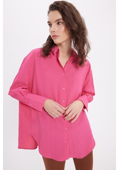 Tudors Kadın Oversize Geniş Kesim Bürümcük Pens Detaylı Uzun Kollu Dokulu Pembe Gömlek-38810 Pembe