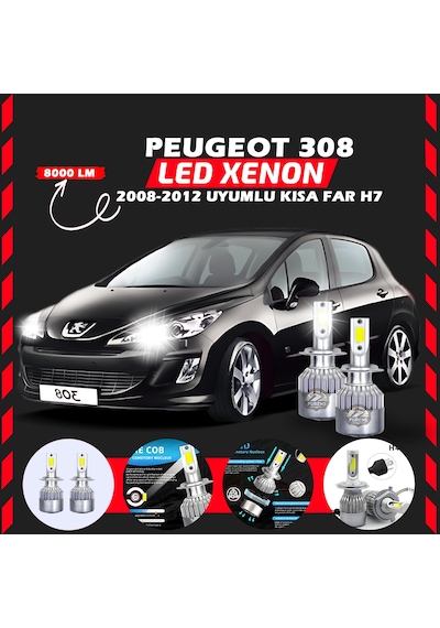 Peugeot 308 2008-2012 Kısa Far Uyumlu Şimşek Etkilii Led Xenon Performance Series H7