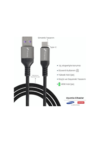 Priente PD40CA 40W Örgülü Type-c To Usb-a Hızlı Data Şarj Kablosu 1.5 M