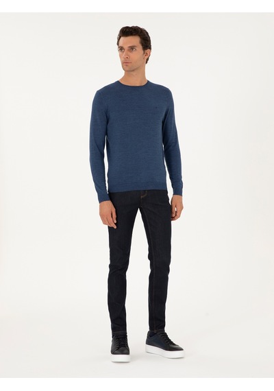 Cacharel İndigo Slim Fit Yün Karışımlı Bisiklet Yaka Basic Triko Kazak Mavi