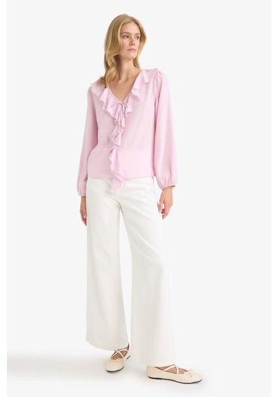 Defacto Regular Fit V Yaka Volanlı Pamuklu Uzun Kollu Bluz F9336ax25aupn96 Pembe
