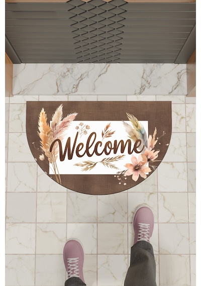 Rugmood Modern Dijital Paspas Kahverengi Çiçekli Welcome Kapı Önü Paspası