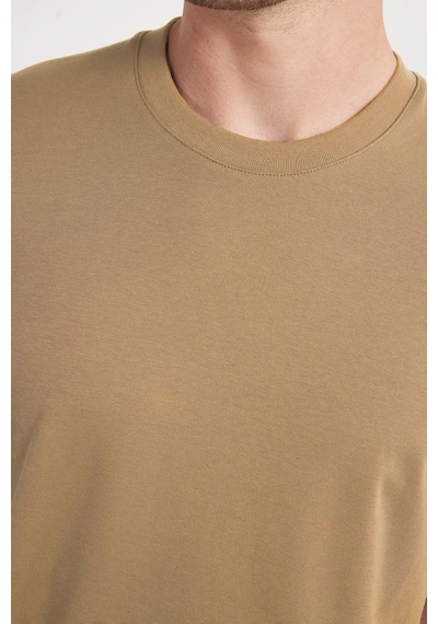 Tudors Unisex Relax Fit Rahat Kesim %100 Pamuk Yumuşak Dokulu Hafif Kalın Bej Bisiklet Yaka Tişört-35591 Bej