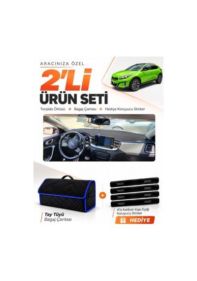 Kia X-ceed 2020-2025 Uyumlu Torpido Örtüsü + Tay Tüyü Bagaj Çantası + Sticker Seti - Siyah Mavi