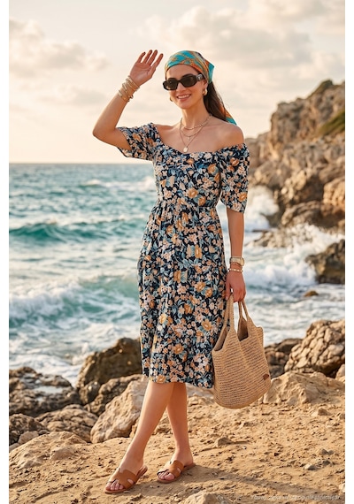 Lela Desenli Oversize Fit Carmen Yaka Büzgü Detaylı Midi Boy Bayan Elbise 6782169 Lacivert