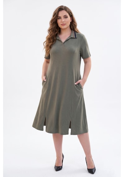 Wearon Kadın Polo Yaka Kısa Kol Likralı Elbise 7386 Bgl-st05664 Haki