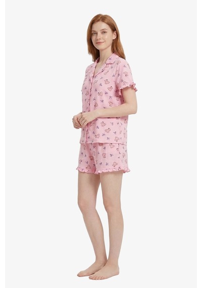 Cottonhill Pudra Ayıcık Desenli Bürümcük Gömlek Yaka Kadın Şortlu Pijama Takımı