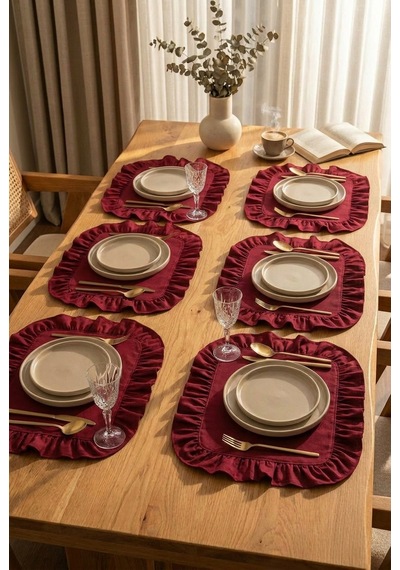 Pamuklu Fırfırlı Kare Supla 6'lı Set Amerikan Servis 33 Cm Supla Bordo