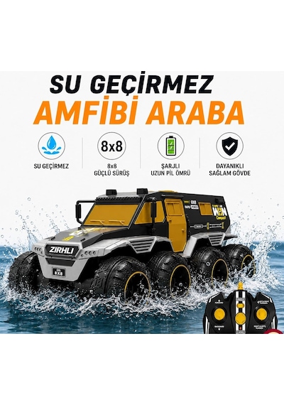 Uzaktan Kumandalı Suda Karada Gidebilen 8 Tekerli Amfibi Araba 25 Cm Siyah