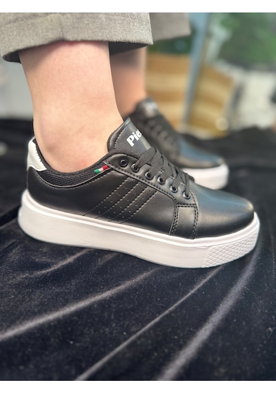 Günlük Kadın Spor Ayakkabı Ortopedik Vegan Deri Bağcık Hafif Kalın Yüksek Taban Yürüyüş Sneaker 102 Siyah - Beyaz Günlük Kadın Spor Ayakkabı Ortopedik Vegan Deri Bağcık Hafif Kalın Yüksek Taban Yürüyüş Sneaker 102 Siyah - Beyaz