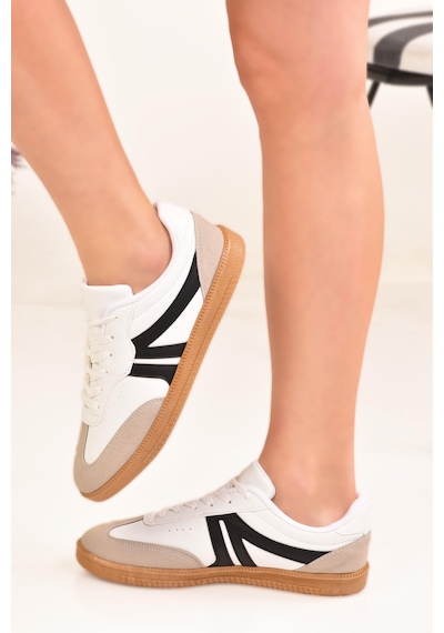 Süet Detay Kaydırmaz Tabanlı Günlük Stil Kadın Spor Ayakkabı Beyaz - Siyah