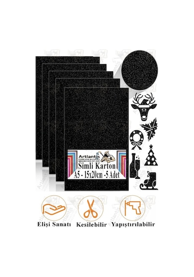 Simli Karton A5 15x20 Cm 5 Li 1 Paket Simli Fon Kartonu Parıltılı Kağıt Anasınıfı Kreş Etkinlik Proje Dekoratif Siyah