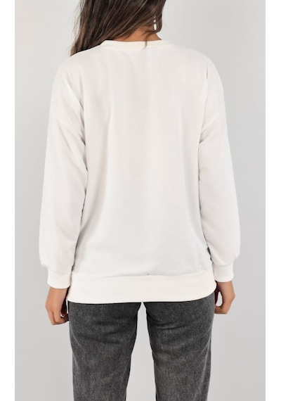 Beyaz Kadın Bisiklet Yaka Sweatshirt Beyaz