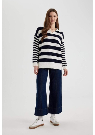 Defacto Regular Fit Çizgili Polo Yaka Tişört Tunik C2850AX24SPNV243 Lacivert
