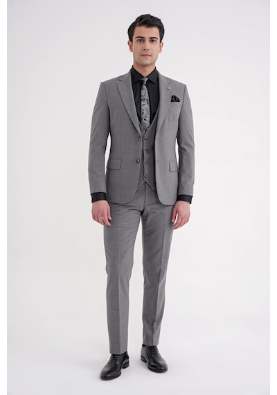 Efor Slim Fit Çift Yırtmaç Ekoseli Esnek Yünlü Yelekli Klasik Füme Takım Elbise Tk 934 Füme