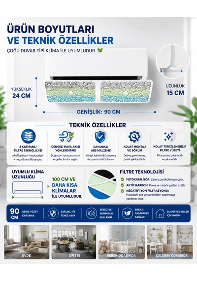 Filtreli Klima Hava Yönlendirme Aparatı Dekoratif Tasarım Temiz Ve Konforlu Hava Deneyimi Beyaz