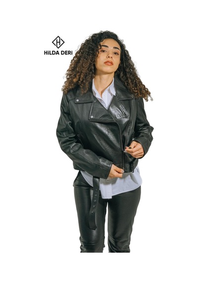Hilda Deri Emery Biker Tarzı Siyah Oversize Hakiki Kuzu Derisi Kadın Ceket 001