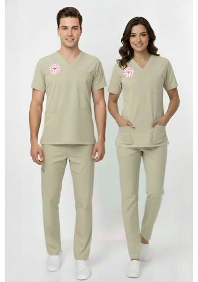 Unisex Bej Moth Teknisyen Tekniker Tıbbı Sekreter Scrubs Üniforma Takım Sağlık Bak.yeni Yön.uygun Bej