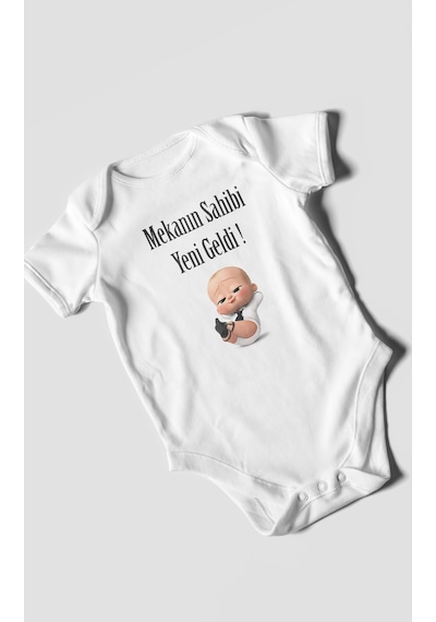 Mekanın Sahibi Yeni Geldi Baskılı Bebek Zıbını Çıtçıtlı Body 8 Renk %100 Pamuk Kısa Kol Beyaz