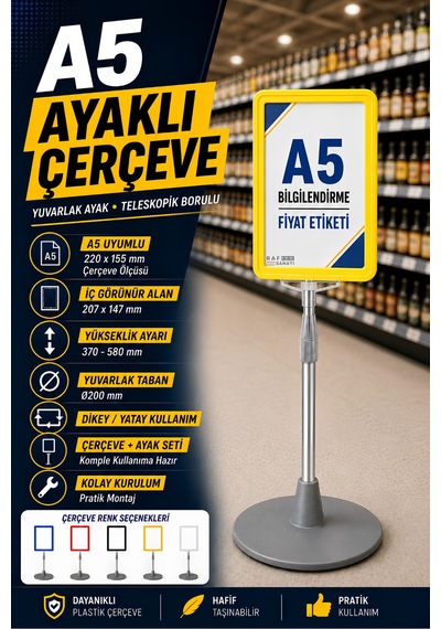 A5 Ayaklı Menü Ve Fiyat Bilgi Standı Yuvarlak Tabanlı Teleskopik Çerçeve Etiketlik Sarı
