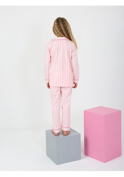 Kız Çocuk Uzun Kollu %100 Pamuklu Düğmeli Pijama Takımı Pure Pembe