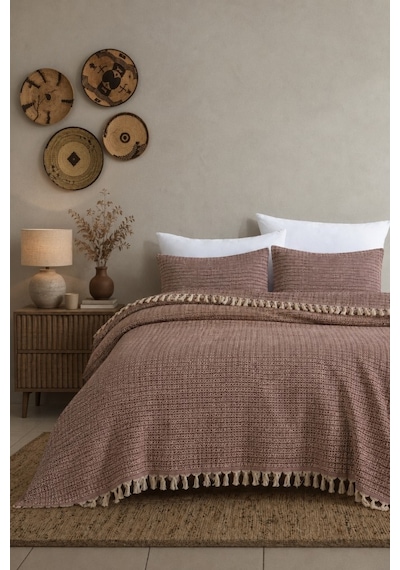 King Size Dokuma Pike Takımı 240x260 Cm 2 Yastık Kılıflı Saçak Detaylı Örtü Seti Bordo