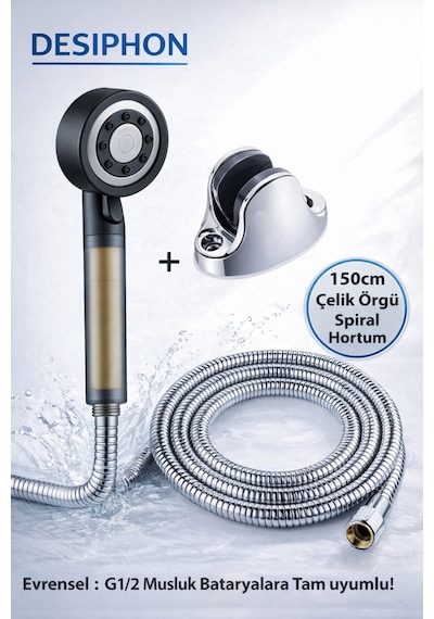 Yüksek Basınçlı Duş Seti 150 Cm Çelik Hortumlu Masajlı Filtreli Evrensel Banyo Seti Gri