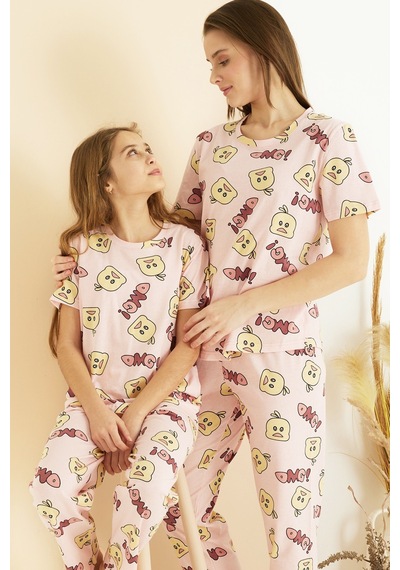 Siyah İnci Pamuklu Bisiklet Yaka Örme Pijama Takım25107155 Pembe