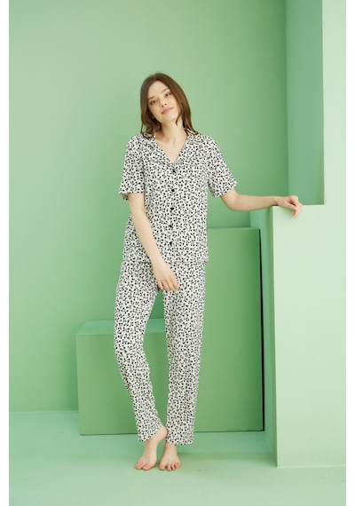 Siyah İnci Bürümcük Krınkıl Kumaş Örme Düğmeli Pijama Takım25118548 Çok Renkli