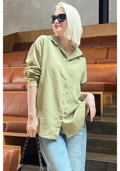 Madmext Haki Uzun Kollu Çizgili Oversize Gömlek Mg2080-haki Haki