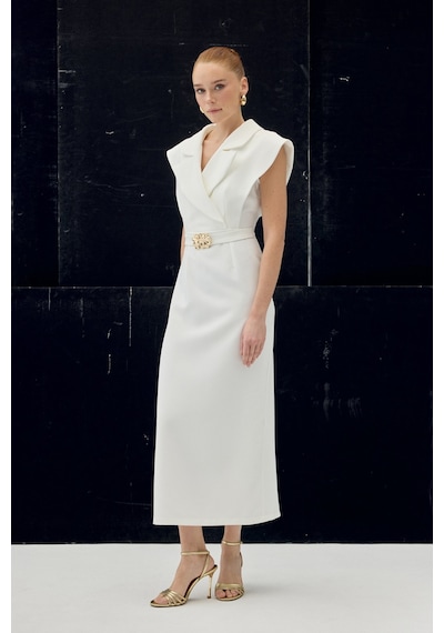 Sateen Aksesuar Detaylı Maxi Elbise - Ekru-137077 Ekru