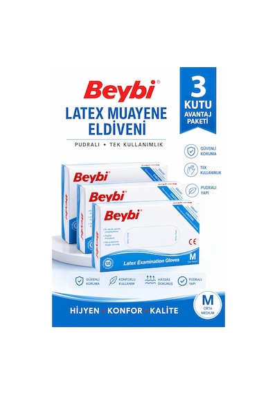 Beybi Lateks Muayene Eldiveni Pudralı Medium 100'lü 3 Adet
