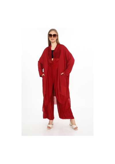 Bohem Stil Italyan Ipek Detaylı Oversize Kap Bluz- Wes Pantolon Takım-8863 Bordo