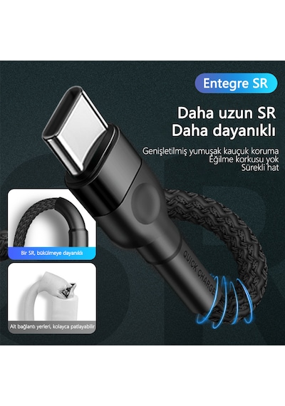 66w Süper Hızlı Şarj Kablosu 1 Metre Type-c Bağlantı 6a Akım Qc3.0 Uyumlu Yüksek Yoğunluklu Dokuma Usb - Type-c 1m Black