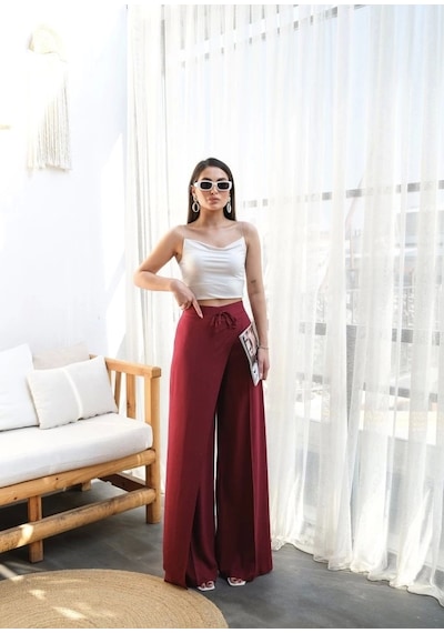 Defymoda Keten Önü Çapraz Parçali Lasti Kli Ve Bağcikli Geni Ş Paça Pantolon Bordo