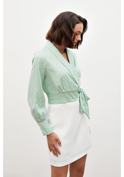 Sateen Yan Kuşaklı Saten Bluz - Mint-134493