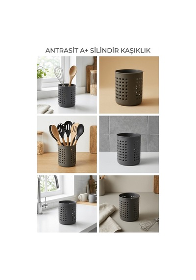 Antrasit - A+ Silindir Kaşıklık Tezgah Üstü Servis Standı, Su Gider Delikli, Plastik Düzenleyici Organizer Antrasit