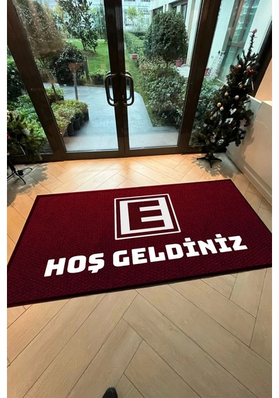Valerine Life Eczane Logolu Kırmızı Dijital Baskılı Hoş Geldiniz Dükkan Önü İş Yeri Kapı Önü Paspası Kahverengi