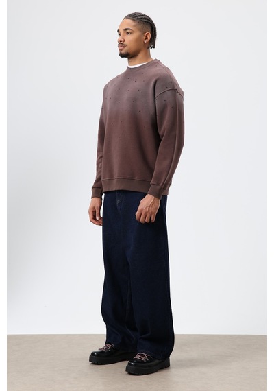 Vamos Yıkamalı Taş Detaylı Oversize Sweatshirt Kahve