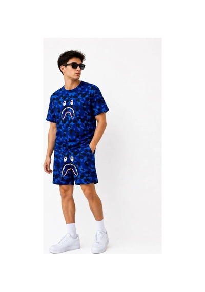 Butik İstanbul Erkek Oversize Kalıp Pubg Bape X Shark Nakışlı Cepli Şort Takım - Mavi