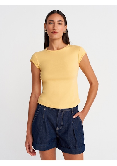 Dilvin 31779 Bisiklet Yaka Basic T-shirt-sarı Sarı