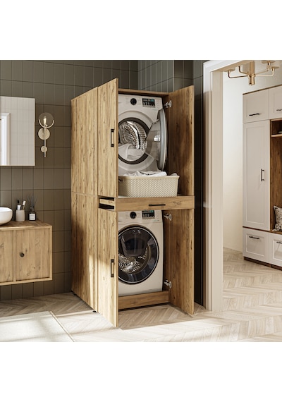 Banyo Dolabı Kapaklı Çamaşır Ve Kurutma Makine Dolabı 70x185 Cm Atlantik Çam
