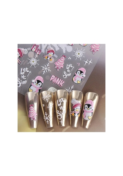 Penguen Kar Tanesi Noel 3d Tasarım Pembe Yapışkan Sticker Tırnak Dövmesi Nail Art