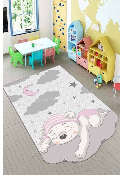 Pembe Kaymaz Tabanlı Ayıcıklı Lazer Kesim Bebek Halısı Ar186n11