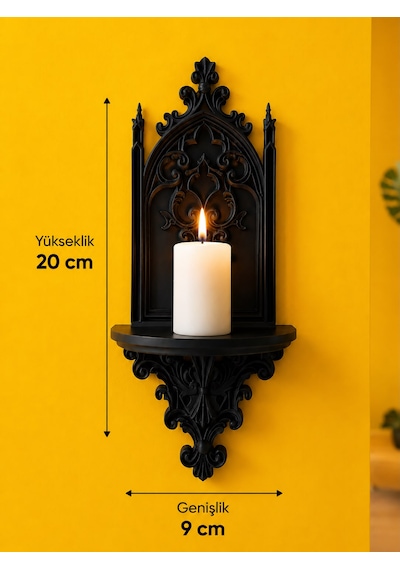 Gotik Katedral Duvar Şamdanlığı Dekoratif Mumluk Duvara Monte Gotik Duvar Dekoru 20x9 Cm Siyah
